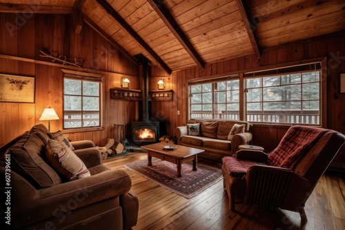 cozy cabin retreat with wireless fireplace and comfy chairs for a peaceful escape, created with generative ai © altitudevisual