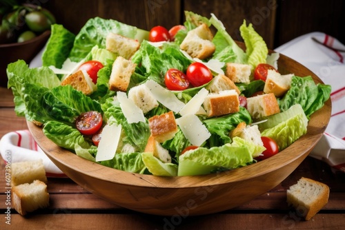 basket of fresh romaine, juicy cherry tomatoes, and croutons for a delicious chicken caesar salad, created with generative ai