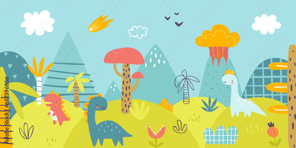 Obraz premium Cute jurassic landscape with funny dinosaurs. Scandinavian print with prehistorical panorama for baby wall art.