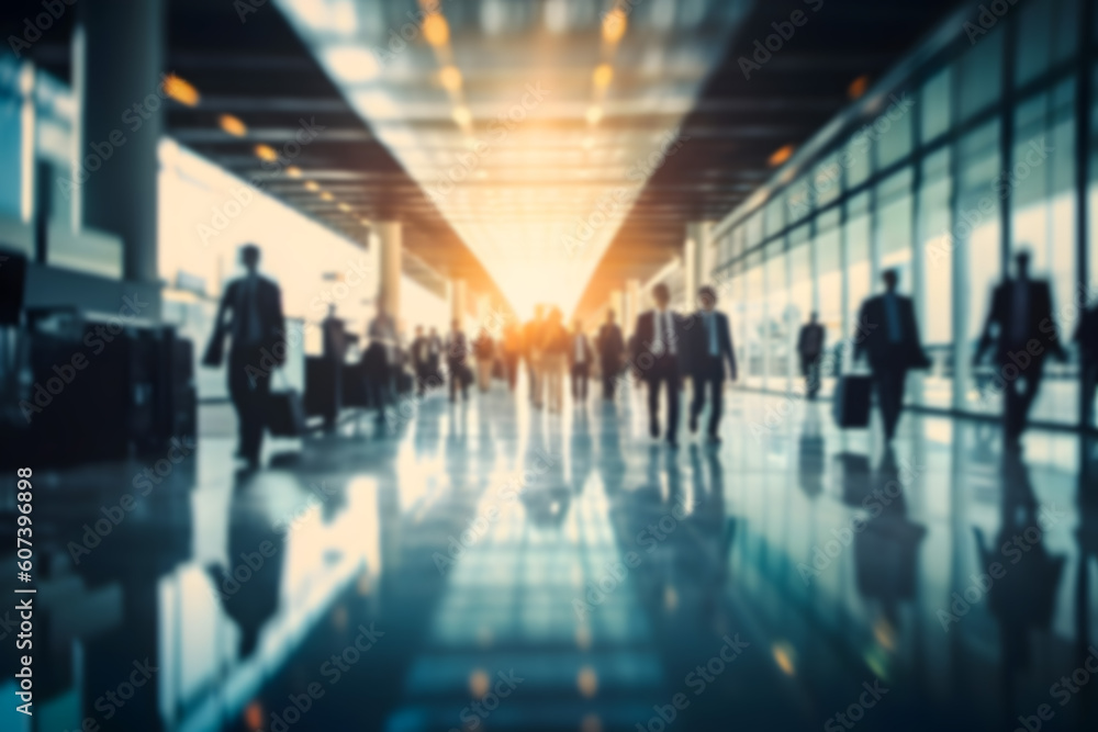 Blurred background with sitting people in business suits in a glass concrete skyscraper office. Generative AI. Blurred background with sitting people in business suits in a glass concrete skyscraper office. Generative AI.
