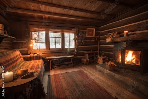 cozy cabin retreat with warm fire and blankets for snuggling  created with generative ai