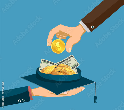 Student with money in a graduation cap begs for alms. Vector illustration