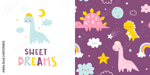 Cute seamless pattern with sleeping dino in the sky. Prints collection with cute dinosaurs for baby girls bedding and pajamas.