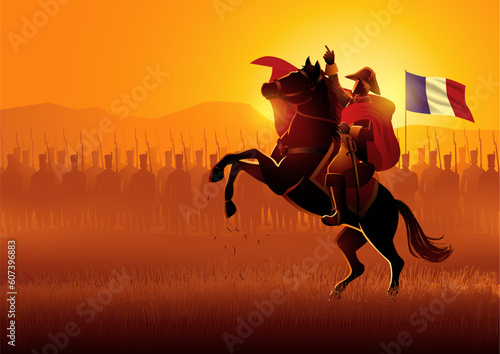 Tablou canvas Napoleon on horseback leading his army on battlefield