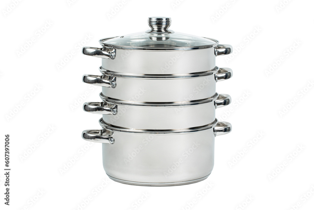 Stainless steel cooking pot for manti (manty, manta) isolated over white background with clipping path. Full Depth of field. Focus stacking, front view. PNG Stainless steel cooking pot for manti (manty, manta) isolated over white background with clipping path. Full Depth of field. Focus stacking, front view. PNG