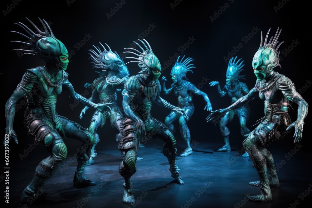 Group Of Aliens Performing Ancient Dance With Their Movements And Group Of Aliens Performing Ancient Dance With Their Movements And