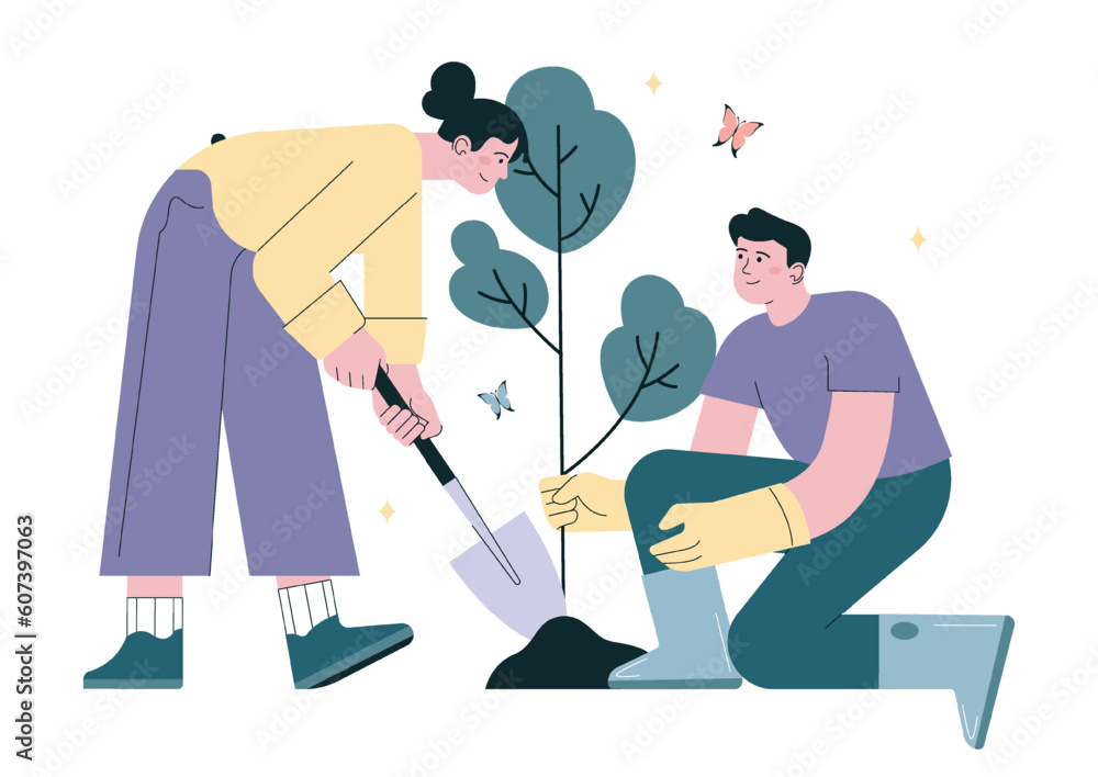 Fototapeta premium Gardening and planting. Character taking care of plants. Organic