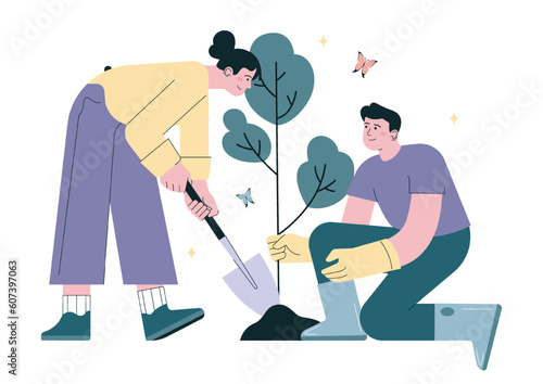 Gardening and planting. Character taking care of plants. Organic