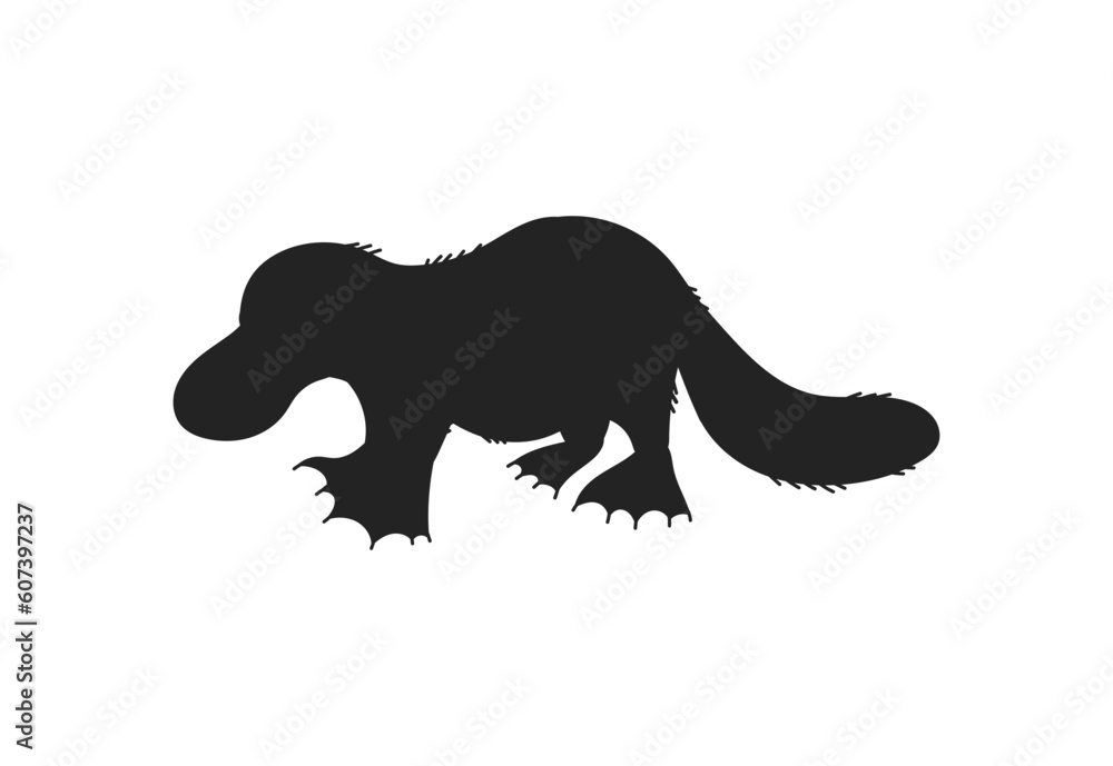 Black silhouette of platypus, vector illustration isolated on white background.