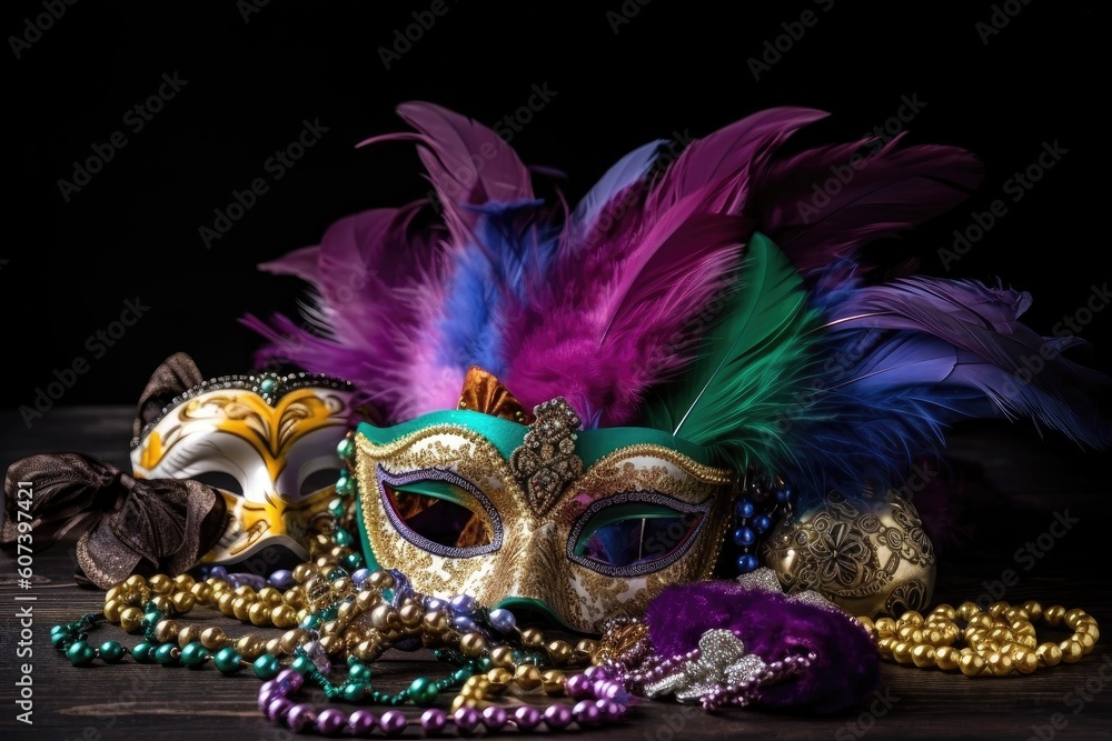 mardi gras card with masks, feather boas and beads, created with generative ai