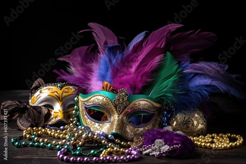 mardi gras card with masks, feather boas and beads, created with generative ai