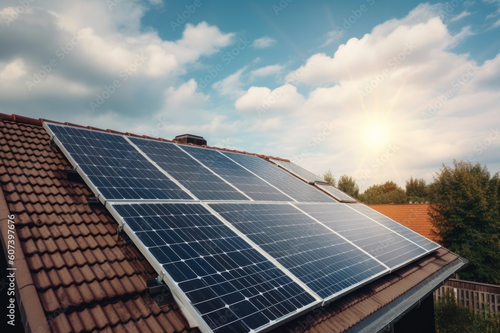 installing solar panels on the roof of eco-friendly home, created with generative ai installing solar panels on the roof of eco-friendly home, created with generative ai