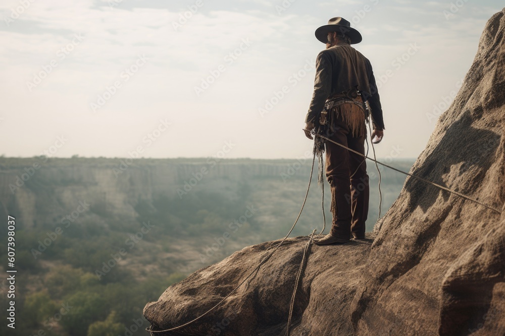 cowboy, standing on the edge of a cliff, with rope and hat in hand, created with generative ai