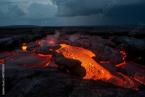 Lava flows on the ground. Eruption. 