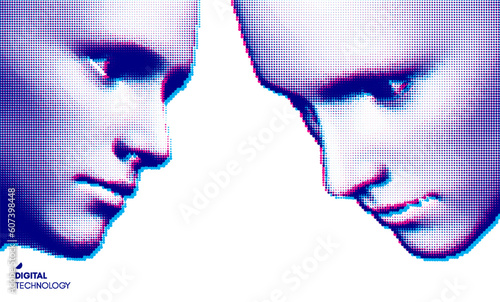 Abstract digital human head. Technology concept. Anonymous social masking. Dialogue, contact, conversational exchange between two individuals. 3d vecto illustration.