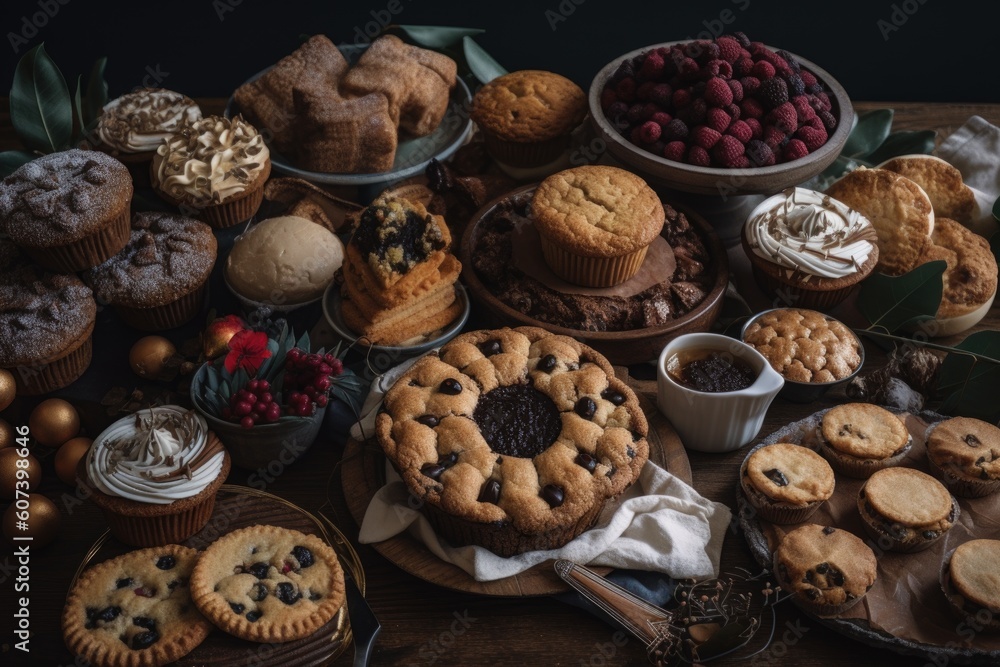 jumble of holiday season baked goods, including cookies, cupcakes, and pies, created with generative ai