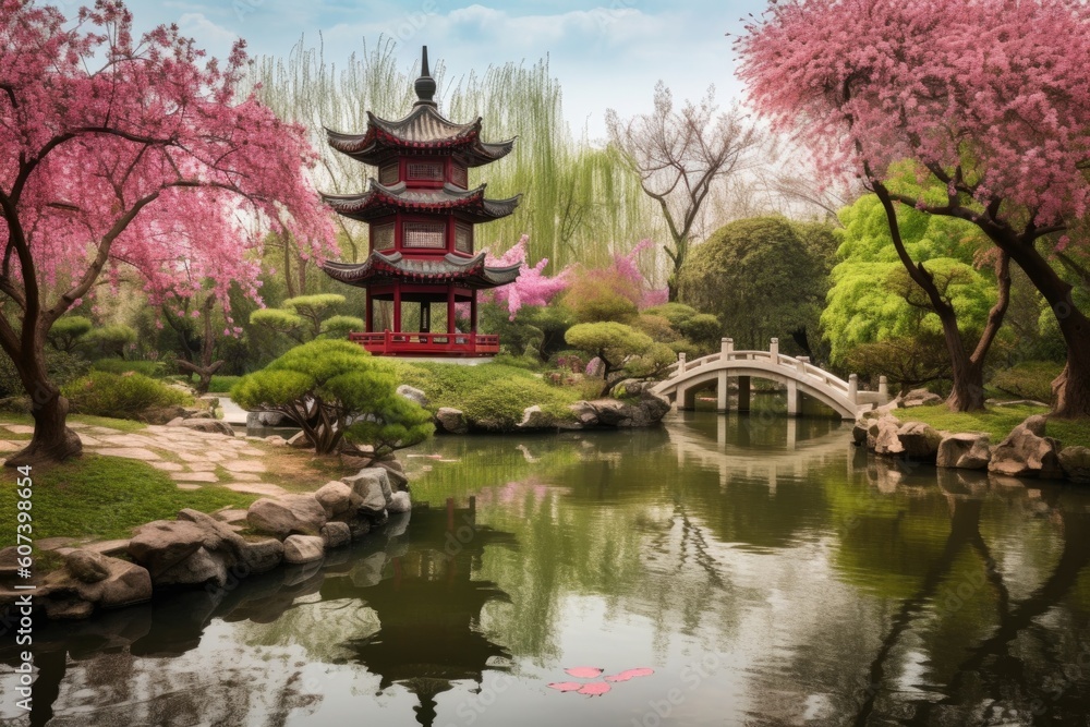 peaceful china pagoda garden with blooming cherry blossoms and koi pond, created with generative ai