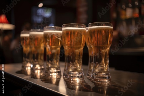 stack of glasses filled with draught beer, ready to be served at the bar, created with generative ai