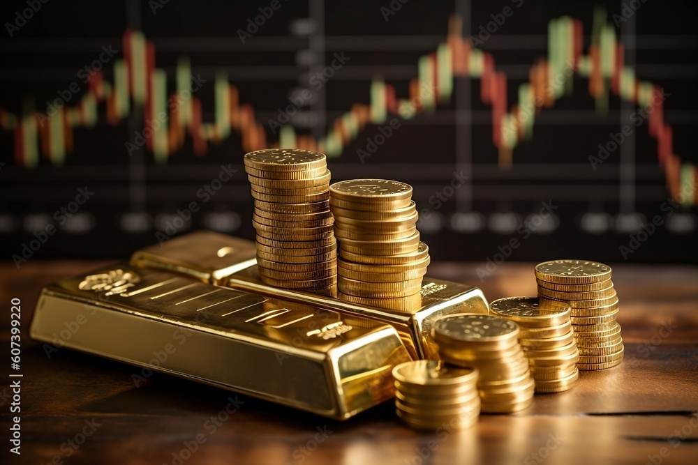 Investment gold and coins in the stock market. Shares graph representing investment - Generative AI Investment gold and coins in the stock market. Shares graph representing investment - Generative AI