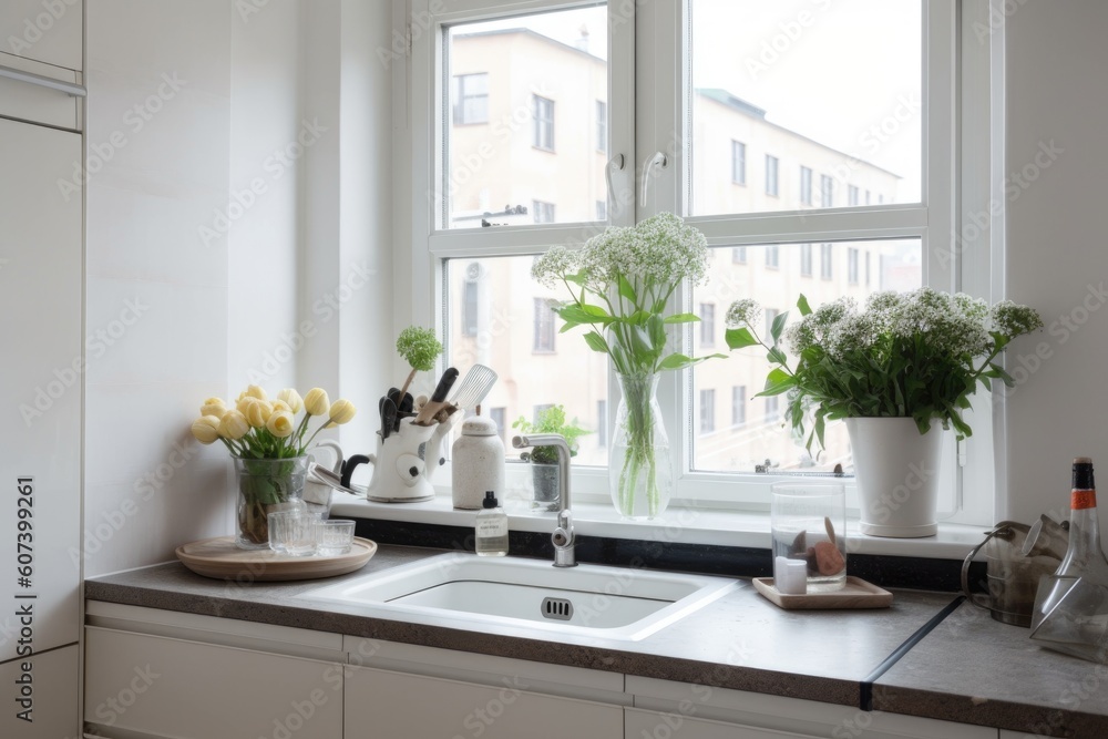 clutter-free kitchen with sleek countertops, simple appliances, and a vase of fresh flowers on the windowsill, created with generative ai clutter-free kitchen with sleek countertops, simple appliances, and a vase of fresh flowers on the windowsill, created with generative ai