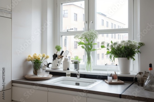 clutter-free kitchen with sleek countertops  simple appliances  and a vase of fresh flowers on the windowsill  created with generative ai