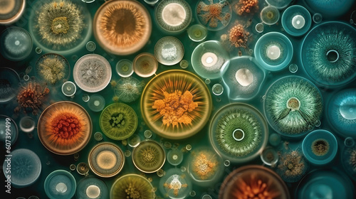 Macro close up shot of bacteria and virus cells in a scientific laboratory petri dish. Generative ai 