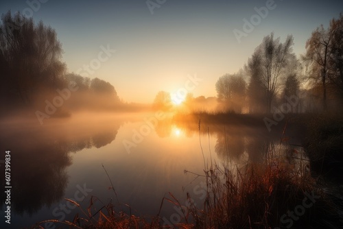 sunrise over misty lake, with the reflection of the sun visible in the water, created with generative ai © altitudevisual