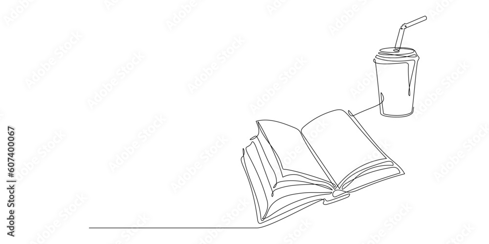 Continuous single line drawing of open book and cup of soda or coffee at work desk. One line notebook with drink for background. Concept of study, knowledge, education, business. Hand drawn sketch Continuous single line drawing of open book and cup of soda or coffee at work desk. One line notebook with drink for background. Concept of study, knowledge, education, business. Hand drawn sketch