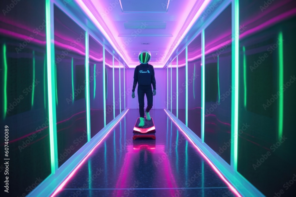 alien commuter riding hoverboard down neon-lit hallway, created with generative ai alien commuter riding hoverboard down neon-lit hallway, created with generative ai
