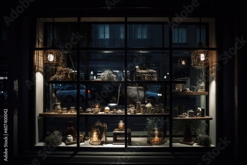 a store window with a display of product and dramatic lighting  created with generative ai