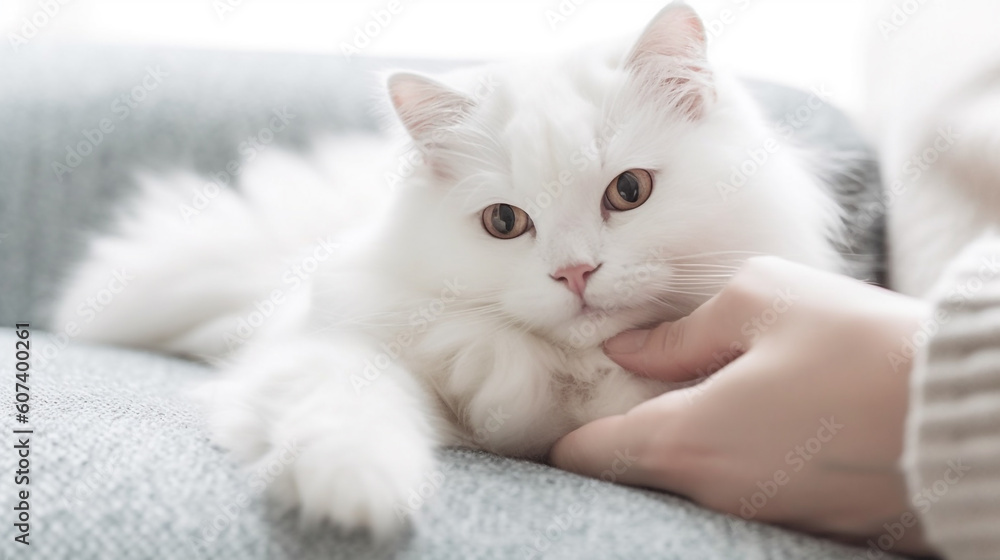 White cat being loved by its owner in couch Generative AI