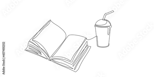 Continuous single line drawing of open book and cup of soda or coffee at work desk. One line notebook with drink for background. Concept of study, knowledge, education, business. Hand drawn sketch