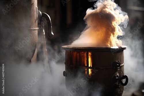 close-up of wood fire evaporator, with steam rising from the boiling sap, created with generative ai
