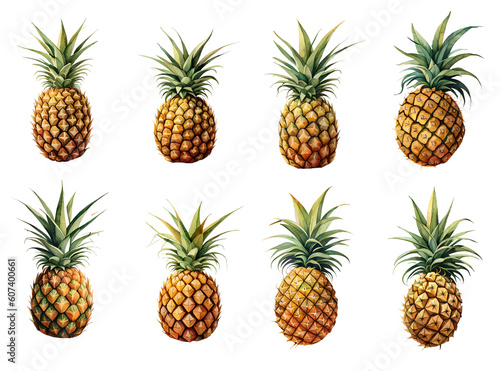 Set of watercolour pineapples isolated on transparent background. Generative Ai