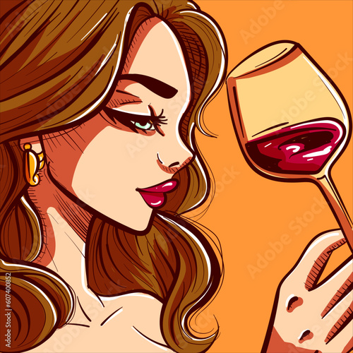 Digital art of a woman drinking wine. Vector of a girl holding a wineglass. Beautiful female toasting and enjoying a cocktail.