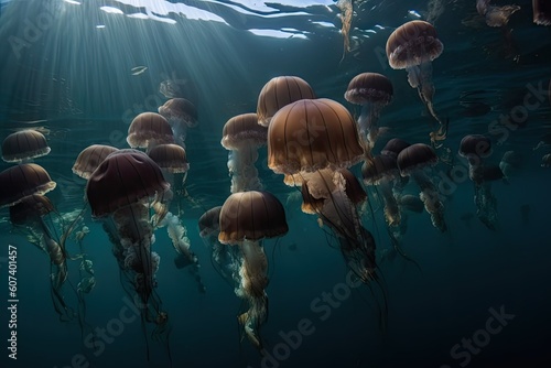 close-up of school of jellyfish swimming in the ocean, created with generative ai