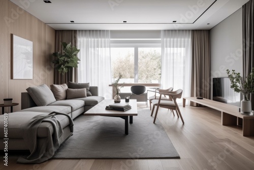 a stylish and minimalist home with sleek furniture and natural accents, created with generative ai © altitudevisual