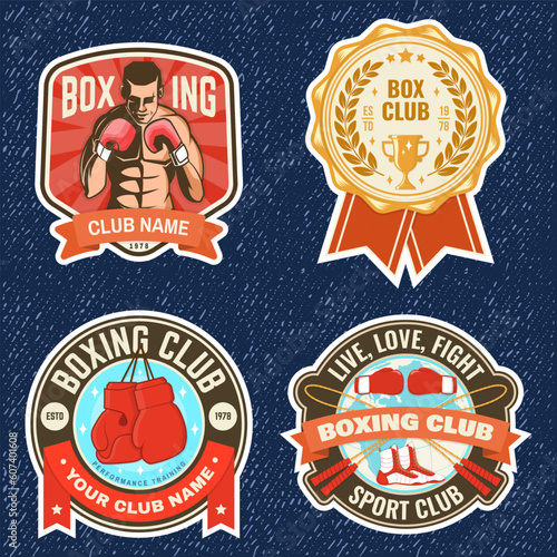 Set of Boxing club badge, logo, patch design. Vector. For Boxing sport club emblem, sign, shirt, template. Vintage retro patch, label, sticker with jump rope, boxing gloves and boxing shoes silhouette