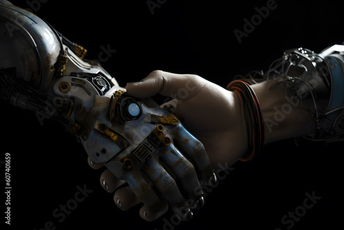 Robot gives a hand to man. Two hands in offer position. Artificial intelligence conceptual business design. Generative AI