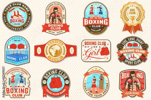 Set of Boxing club badge, logo, patch design. Vector. For Boxing sport club emblem, sign, shirt, template. Vintage retro patch, label, sticker with jump rope, boxing gloves and boxing shoes silhouette