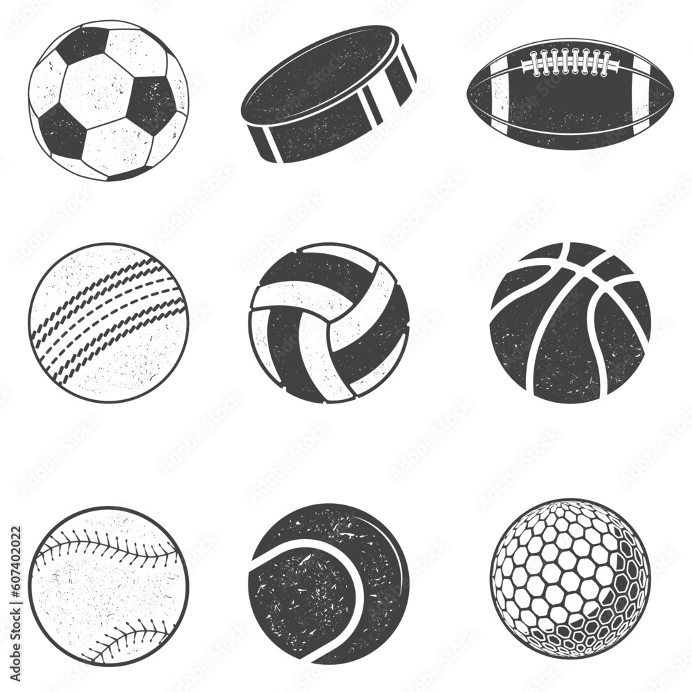 Set of black and white Sports Balls. Vector Illustration. Set include soccer, backetball, volleyball, baseball, cricket, american football, tennis, golf balls and ice hockey puck silhouettes. Set of black and white Sports Balls. Vector Illustration. Set include soccer, backetball, volleyball, baseball, cricket, american football, tennis, golf balls and ice hockey puck silhouettes.