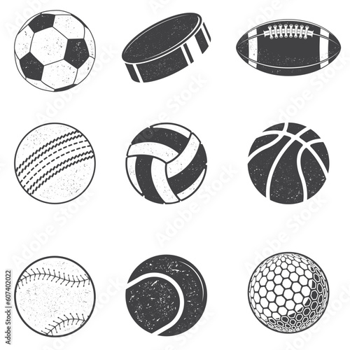 Set of black and white Sports Balls. Vector Illustration. Set include soccer, backetball, volleyball, baseball, cricket, american football, tennis, golf balls and ice hockey puck silhouettes.