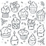 Hand drawn cake set with berries, candle, topper, cherry, strawberry. Doodle sketch style. Cupecakes and muffins with cream ink line, vector. Illustration for icon, menu design