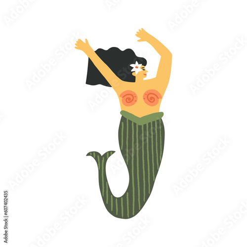 Cute Asian Oriental mermaid waving, saying Hello, happily dancing with her hands up under her head. Vector illustration.