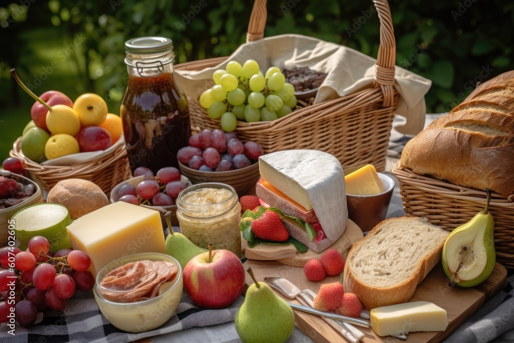 picnic basket overflowing with foods, including sandwiches, fruits, and drinks, created with generative ai picnic basket overflowing with foods, including sandwiches, fruits, and drinks, created with generative ai