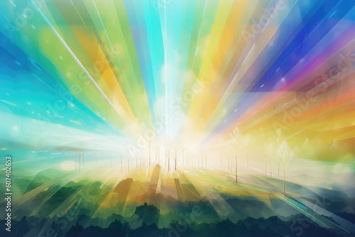 abstract landscape with rays of light and prismatic colors, created with generative ai