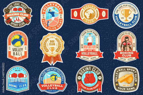 Set of Volleyball club and Boxing club badge, logo, patch design. Vector. Vintage retro patch, label, sticker with volleyball ball, player, jump rope, boxing gloves and boxing shoes silhouette.