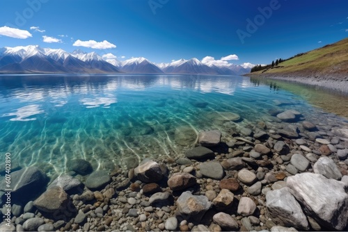 crystal clear lake, with view of dramatic mountain range in the background, created with generative ai