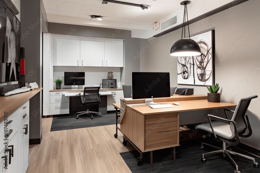 updated workspace with sleek furniture and modern technology, created with generative ai updated workspace with sleek furniture and modern technology, created with generative ai