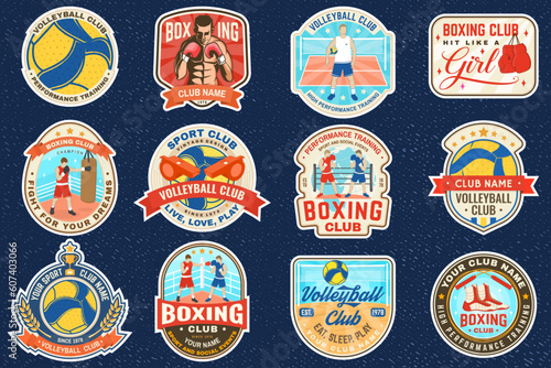 Set of Volleyball club and Boxing club badge, logo, patch design. Vector. Vintage retro patch, label, sticker with volleyball ball, player, jump rope, boxing gloves and boxing shoes silhouette.